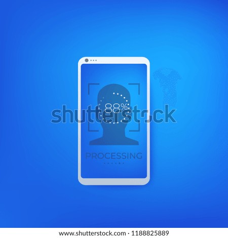 Face recognition, biometric facial scan in smartphone, mobile data protection, vector illustration