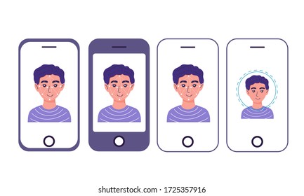 Reconocimiento facial, identificación biométrica, algoritmos de IA para identificación personal. Id. de cara. Cara masculina en diferentes modelos de teléfono.  Concepto de: futuro, seguridad, escaneo.
