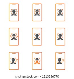 Face recognition. Biometric identification. Facial recognition system. Vector icon set.