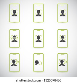 Face recognition. Biometric identification. Facial recognition system. Vector icon set.