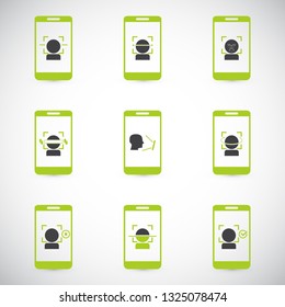 Face recognition. Biometric identification. Facial recognition system. Vector icon set.