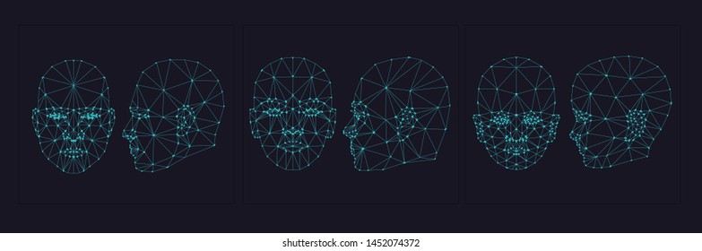 
Face Recognition Biometric Scanning System Concept Abstract Tech Background Low Polygon Face: Masculine, Feminine And Childish, Full Face And Profile. Scanning Template Background Vector Illustration