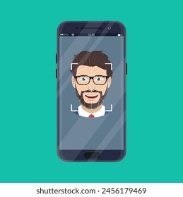 Face recognition , biometric security system concept. Face ID, mobile app. Phone with biometric identification man face on the screen. Vector illustration in flat style