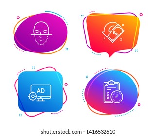 Face recognition, Cashback and Seo adblock icons simple set. Exam time sign. Faces biometrics, Receive money, Search engine. Checklist. Technology set. Speech bubble face recognition icon. Vector