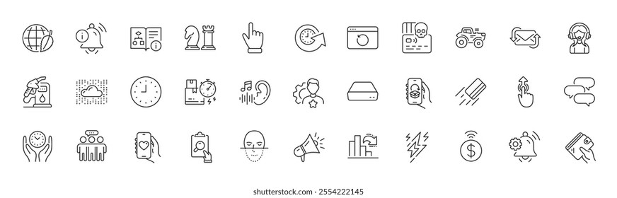 Face recognition, Cloud system and Recovery internet line icons. Pack of Petrol station, Brand, Credit card icon. Swipe up, Wallet, Decreasing graph pictogram. Environment day. Line icons. Vector