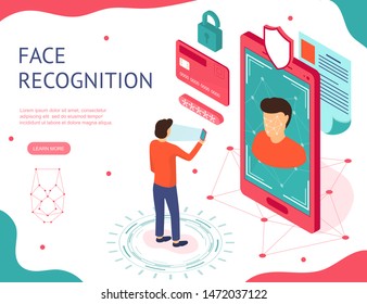 Face Recognition Concept 3d Isometric View Include of Sensor, Smartphone, Man, Lock and Credit Card. Vector illustration