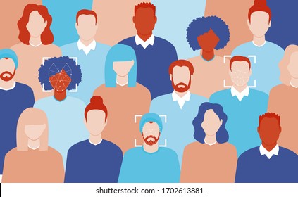 Face recognition concept. Artificial intelligence technology. Men and women faces scanning. AI algorithms. People search in the crowd,