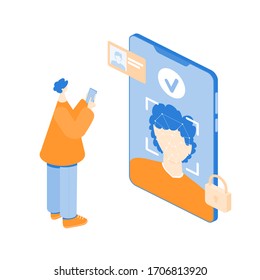 Face recognition concept. Artificial intelligence technology. Man face scanning with smartphone app. AI algorithms. Vector isometric illustration.