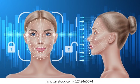 Face recognition concept. Biometric face scanning of realistic beautiful girl. Personal verification, cyber protection. Futuristic security, identity detection with AI algorythms. Vector illustration