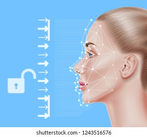 Face recognition concept. Biometric face scanning of realistic beautiful girl. Personal verification, cyber protection. Futuristic security, identity detection with AI algorythms. Vector illustration
