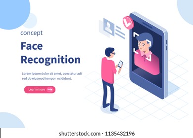 Face Recognition Concept Design. Can Use For Web Banner, Infographics, Hero Images. Flat Isometric Vector Illustration Isolated On White Background.