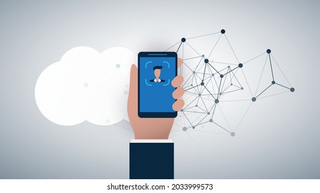 Face Recognition Concept Design -  User Authentication by Face for Cloud Systems, Online Business Services on a Smartphone - Vector Illustration