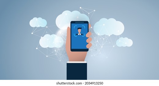 Face Recognition Concept Design -  User Authentication by Face for Cloud Systems, Online Business Services on a Smartphone - Vector Illustration