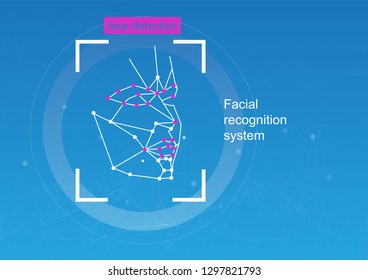 Face recognition, concept.  concept of recognition. diagram of the grid and neural network algorithm. Blue background