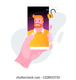 Face recognition concept. Hand holding smart phone. Technology vector illustration.
