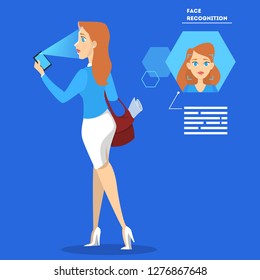 Face recognition concept. Idea of modern technology, biometric scanner in the smartphone. Facial identification. Isolated flat vector illustration