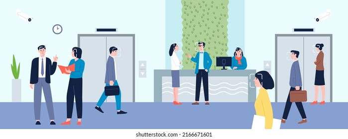 Face recognition concept. Office hall with control, future automated identify people system. Accessibility smart technologies for safety, security camera recent vector scene