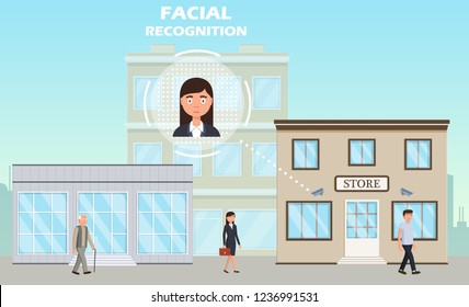Face recognition concept. People walking street scanning by facial recognition camera. Person identification hardware. Vector illustration.