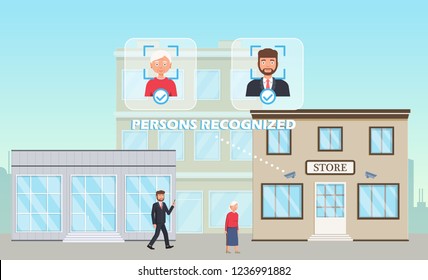 Face recognition concept. People walking street scanning by facial recognition camera. Person identification hardware. Vector illustration.