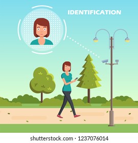 Face recognition concept. People walking street scanning by facial recognition camera. Person identification hardware. Vector illustration.
