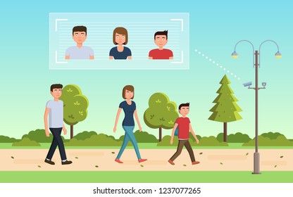 Face recognition concept. People walking street scanning by facial recognition camera. Person identification hardware. Vector illustration.