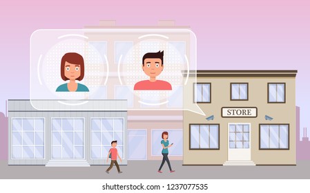 Face recognition concept. People walking street scanning by facial recognition camera. Person identification hardware. Vector illustration.