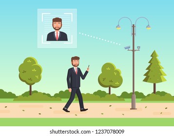 Face recognition concept. People walking street scanning by facial recognition camera. Person identification hardware. Vector illustration.