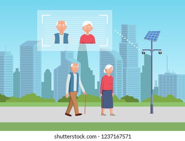 Face recognition concept. People walking street scanning by facial recognition camera. Person identification hardware. Vector illustration.