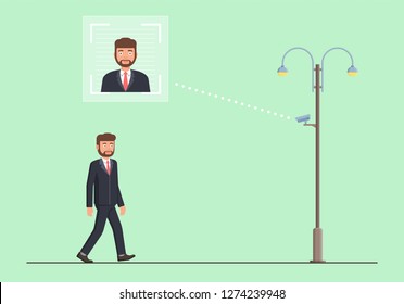 Face recognition concept. People walking street scanning by facial recognition camera. Person identification hardware. Vector illustration.