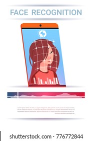 Face Recognition Concept Smart Phone Scanning Woman Modern Access Control Technology Flat Vector Illustration