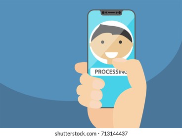 Face recognition concept to unlock a smartphone. Face icon displayed on frameless touchscreen. Hand holding bezel-less smartphone