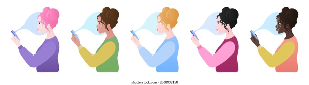 Face recognition concept. Verification on smartphone. Young woman holds smartphone for identity detection, facial scan - set of portraits, side view