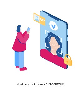 Face recognition concept. Woman face scanning with smartphone app. AI algorithms. Vector isometric illustration.