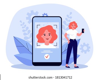 Face recognition concept. Woman using smartphone after ID authentication. Vector illustration for smart technology, data protection, biometrical recognition topics