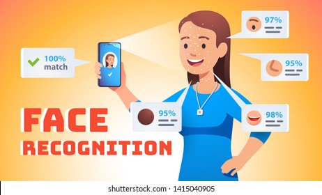 Face recognition concept. Young woman secure unlock mobile phone using facial id authentication. Depth sensor scan & match face features using modern AI technology. Flat vector character illustration