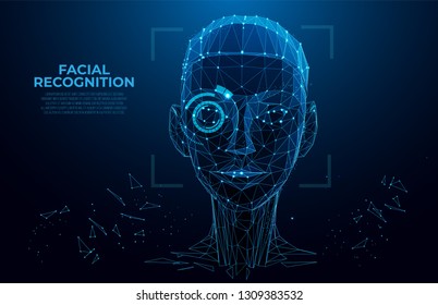 Face Recognition. Cyber women, Robot face. Facial Recognition System concept. biometric scanning, 3D scanning. Face ID. Identification of a person. Polygon vector wireframe concept. Virtual scan