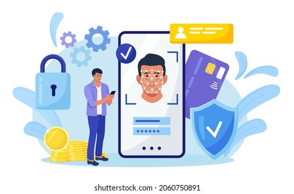 Face recognition and data safety. Man getting access to data after biometrical checking. Person holds phone and scans the  face with mobile application. Biometric identification, face ID system