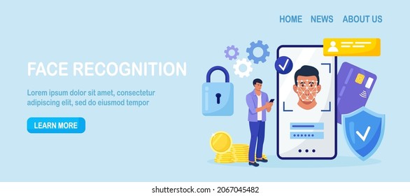 Face Recognition And Data Safety. Man Getting Access To Data After Biometrical Checking. Person Holds Phone And Scans The  Face With Mobile Application. Biometric Identification, Face ID System