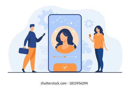 Face Recognition And Data Safety. Mobile Phone Users Getting Access To Data After Biometrical Checking. For Verification, Personal ID Access, Identification Concept