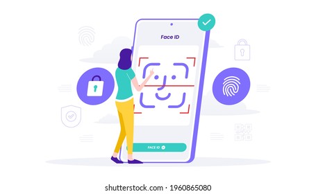 Face recognition and data safety. mobile phone users getting access to data after biometrical checking. for verification, personal id access, identification, vector flat illustration. 