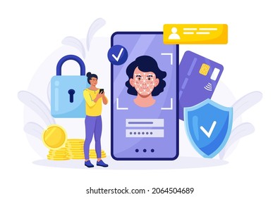 Face Recognition And Data Safety. Woman Getting Access To Data After Biometrical Checking. Person Holds Phone And Scans The  Face With Mobile Application. Biometric Identification, Face ID System