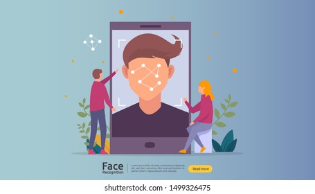 Face recognition data security design. facial biometric identification system scanning on smartphone. web landing page template, banner, presentation, social, poster, ad, promotion or print media.