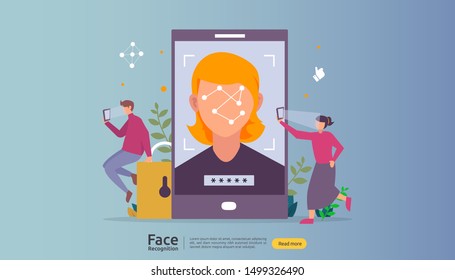 Diseño de seguridad de datos de reconocimiento facial. escaneo de sistemas de identificación biométrica facial en smartphone. plantilla de página de inicio web, banner, presentación, social, afiche, anuncio, promoción o medios impresos.