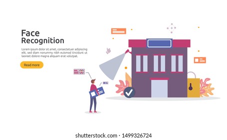 Face recognition data security design. facial biometric identification. security system scanning cctv camera. landing page template, banner, presentation, social, poster, ad, promotion or print media