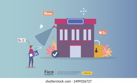 Face recognition data security design. facial biometric identification. security system scanning cctv camera. landing page template, banner, presentation, social, poster, ad, promotion or print media