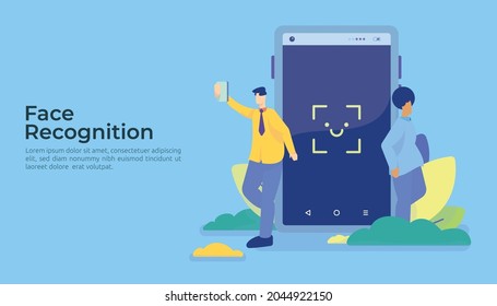 Face recognition data security design concept. cyber security, biometrics facial identification system scanning on mobile phone. web landing page template