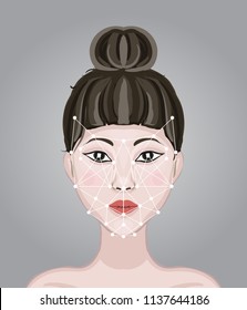 Face recognition. Facial scan to protect data from hackers. Woman Face with geometric points scanning. Search for a criminal. Technology smartphones and computers