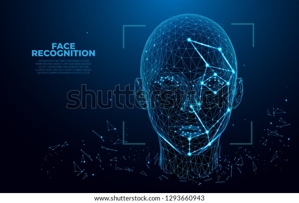 Face\
Recognition. Facial Recognition System concept. biometric scanning,\
3D scanning. Face ID. Identification of a person through the system\
of recognition. Polygon vector wireframe concept.\
