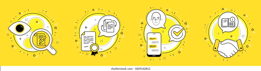 Face Recognition, Feather And Bureaucracy Line Icons Set. Licence, Cell Phone And Deal Vector Icons. Instruction Info Sign. Faces Biometrics, Copyright Page, Documents Workflow. Project. Vector