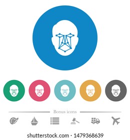Face recognition flat white icons on round color backgrounds. 6 bonus icons included.